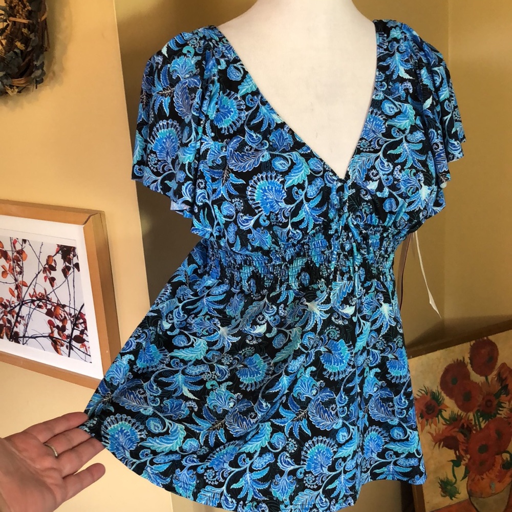 FIT FOR YOU size 16 Floral Scroll Fan V-Neck SMOCKED Ruched Empite Waist $78 NEW